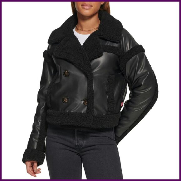 Cropped Vegan Leather Moto Jacket Sherpa Lined Button Front
